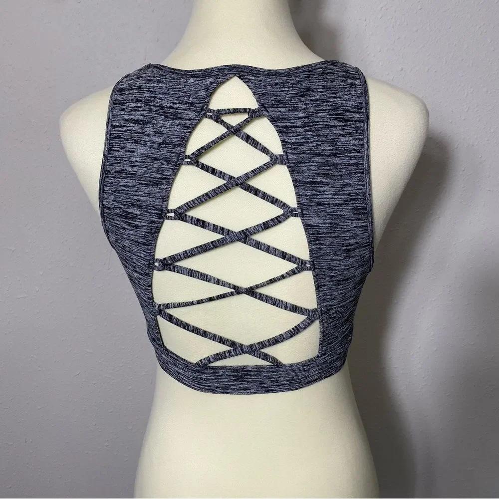 Holister Open Back Chriscross Black & Gray Spacedye Spots Bra Women's Size M